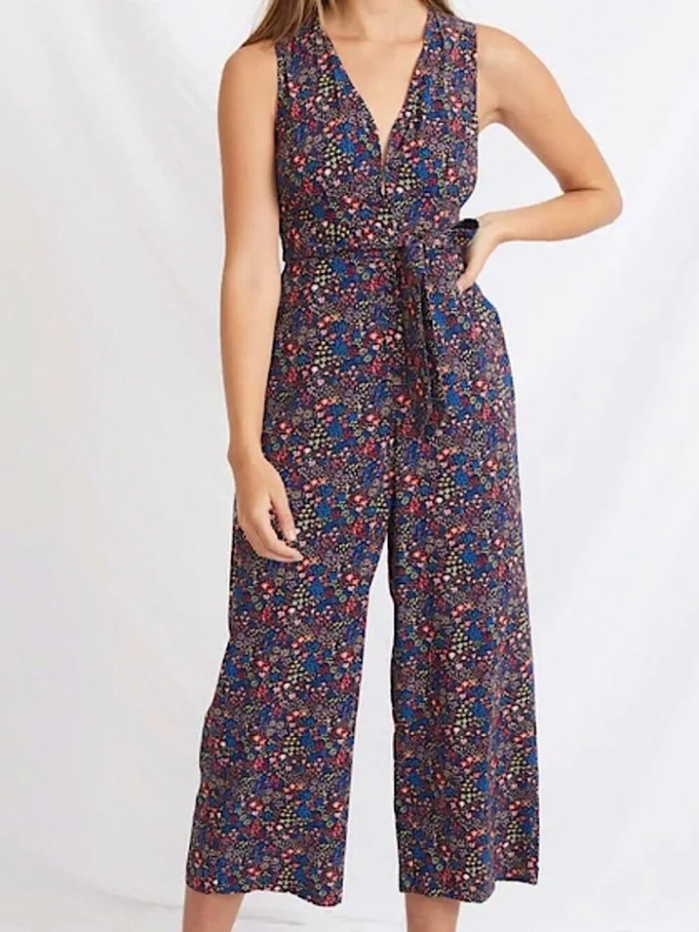 Marine Layer Holli Jumpsuit Sleeveless Floral Pockets V Neck Wide Leg Blue Large - Picture 1 of 7